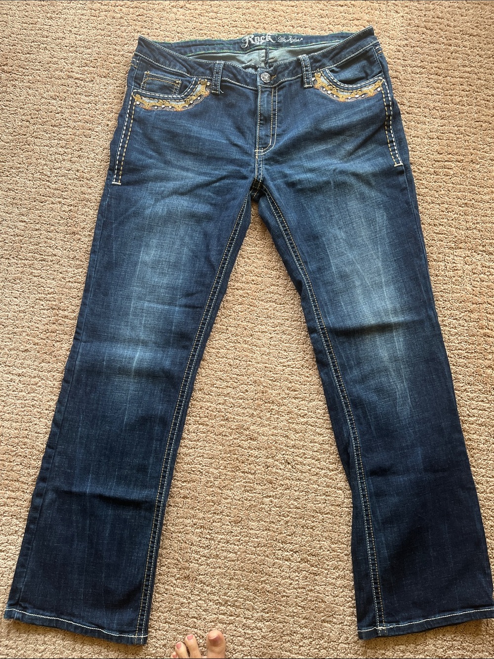Rock & Republic Dark Blue Boot Cut Jeans with Gold Accent